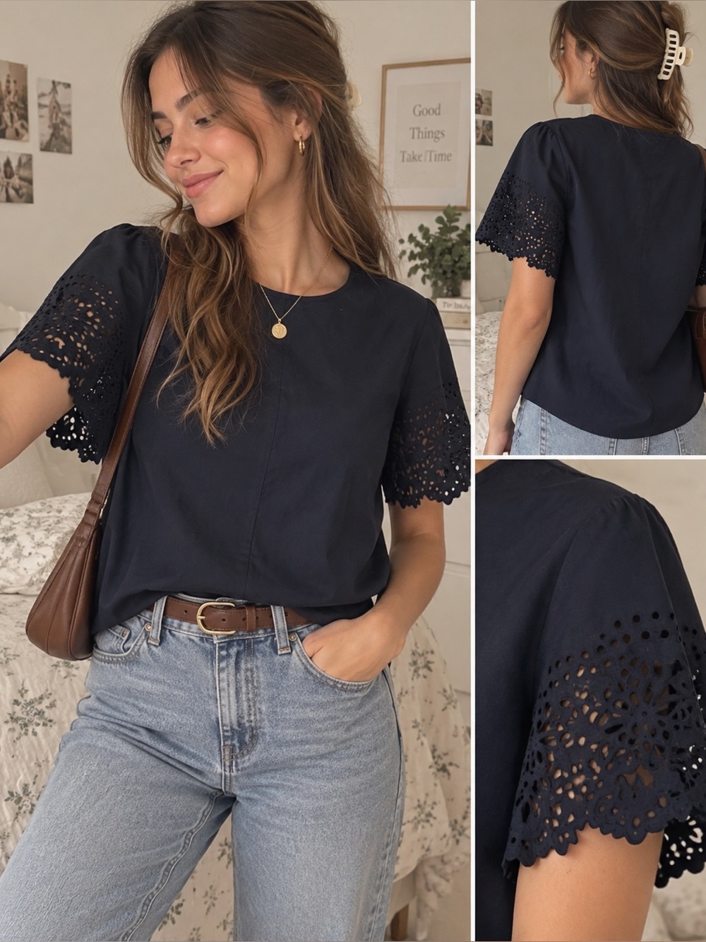 J.Crew Navy Blue Laser-Cut Sleeve Top Size 00 Workwear
